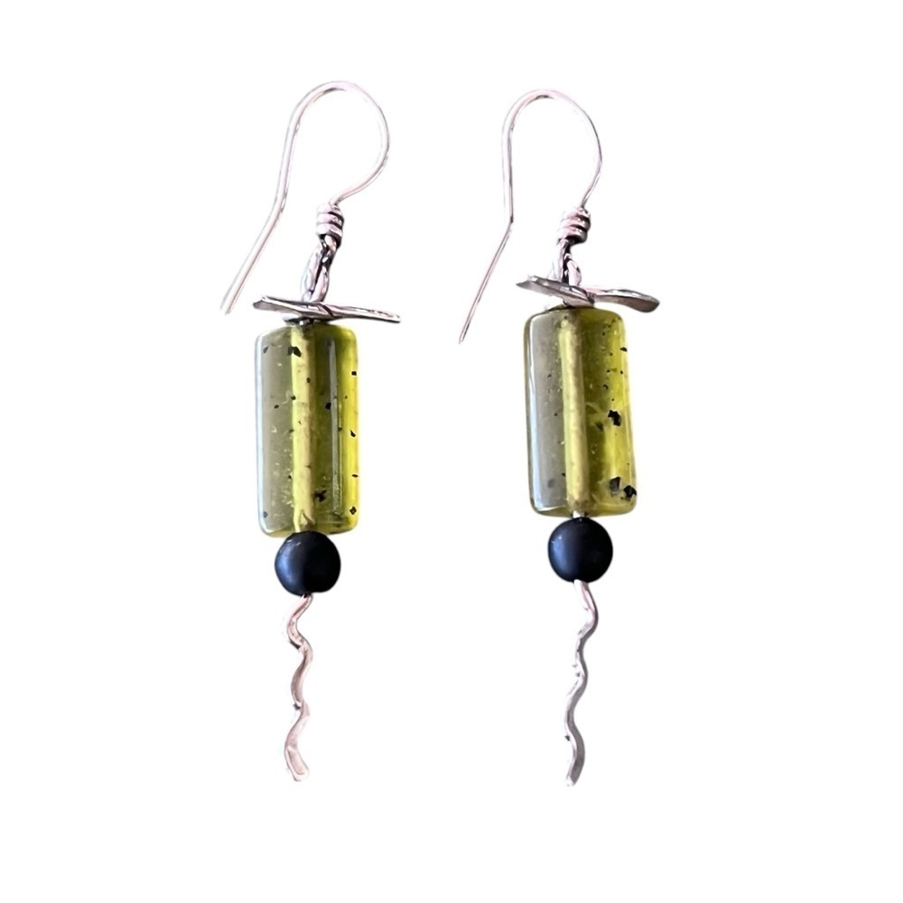 Retro Artisan Yellow Moss Green Dichroic Glass Rectangle Dangle Earrings